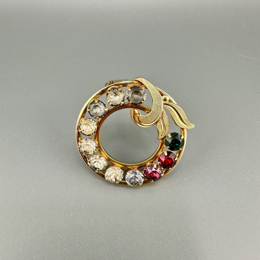 Vintage GF Rhinestone Brooch Van Dell Circle Wreath Multi Color 1/20 12K Signed